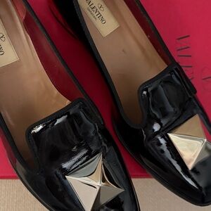 Valentino Black Patent Loafers with Gold Pyramid Stud